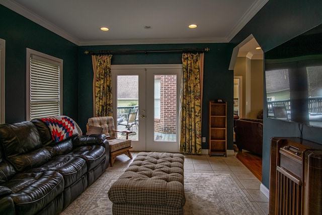 living room with ornamental molding, french doors, tile patterned flooring, and recessed lighting