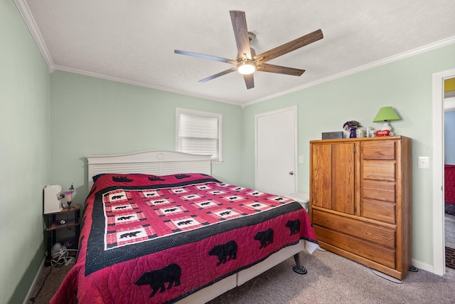 carpeted bedroom featuring a ceiling fan, crown molding, a textured ceiling, and baseboards