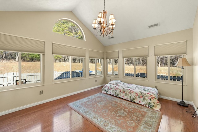 bedroom with wood-type flooring, visible vents, and baseboards