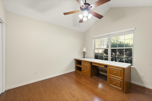 office area with ceiling fan, baseboards, vaulted ceiling, and wood finished floors