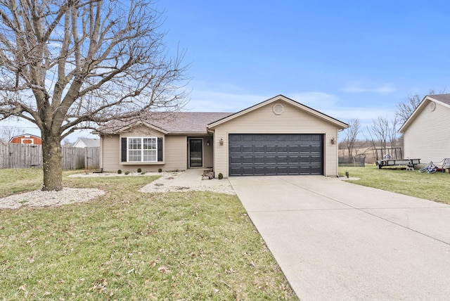 ranch-style house with an attached garage, a shingled roof, fence, concrete driveway, and a front yard