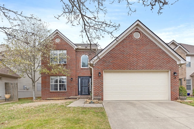 traditional home featuring a garage, a front lawn, concrete driveway, and brick siding