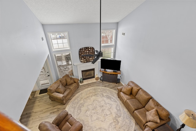 living area featuring a fireplace with flush hearth, a wealth of natural light, and wood finished floors