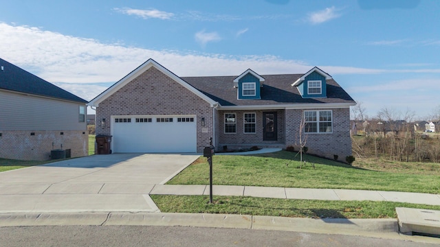 view of front of house with brick siding, central air condition unit, concrete driveway, an attached garage, and a front lawn