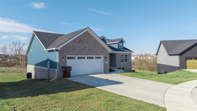 view of front of house with a front lawn, concrete driveway, brick siding, and an attached garage