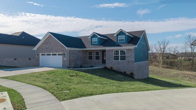 view of front of property featuring a garage, driveway, brick siding, and a front lawn