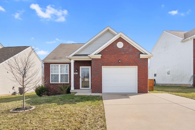 view of front facade with driveway, a garage, central air condition unit, a front lawn, and brick siding