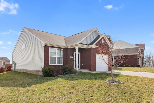 ranch-style house featuring concrete driveway, brick siding, an attached garage, and a front lawn