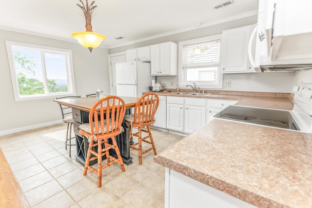 1276 Garland Rd, Burnside, KY 42519 - kitchen featuring white appliances, ornamental molding, pendant lighting, white cabinetry, and light countertops