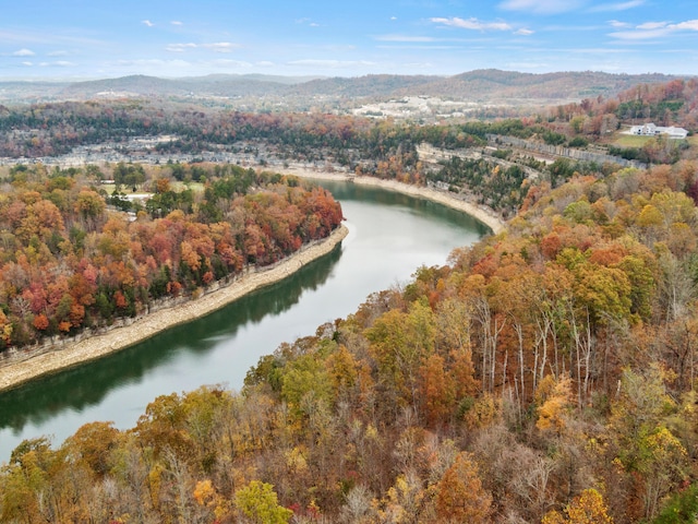 drone / aerial view featuring a water and mountain view and a wooded view