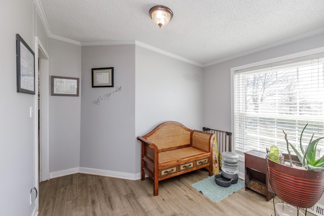 living area featuring a textured ceiling, baseboards, light wood-style flooring, and crown molding