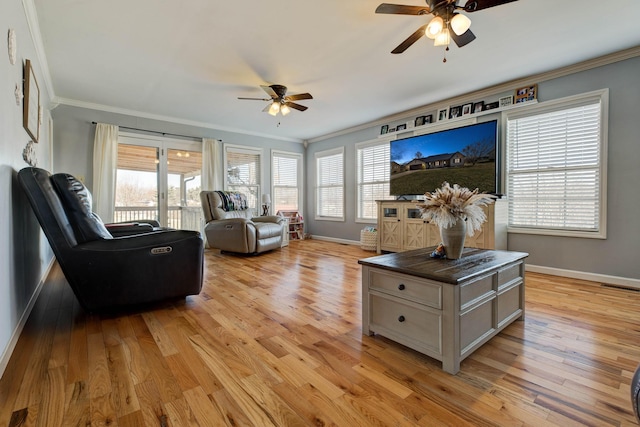 living area with baseboards, visible vents, light wood-style flooring, and crown molding