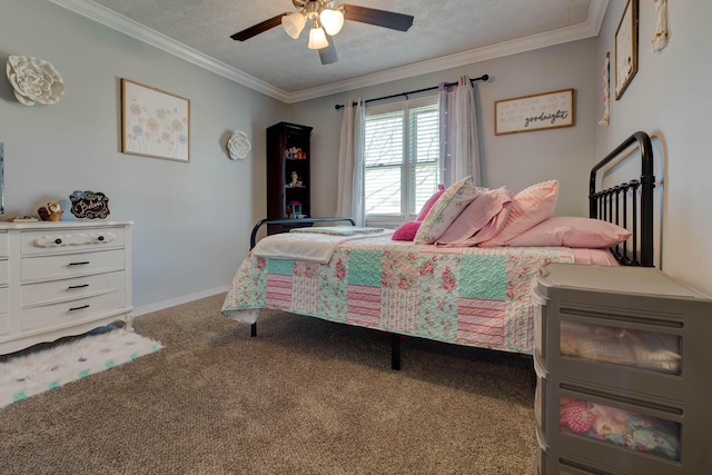 carpeted bedroom featuring crown molding, a textured ceiling, and ceiling fan