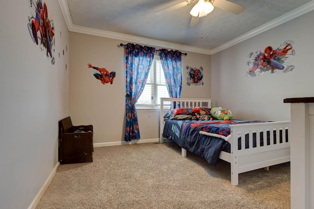 bedroom with carpet, baseboards, and crown molding