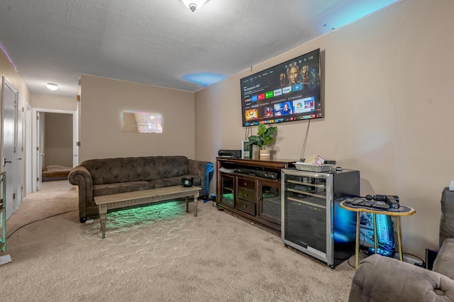 carpeted living area with a textured ceiling