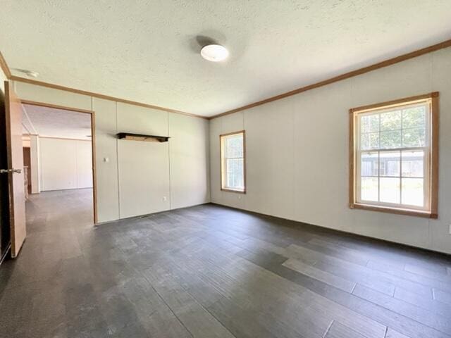 spare room with a textured ceiling, dark wood-style flooring, and crown molding