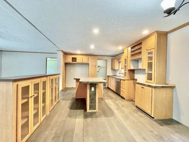 kitchen with glass insert cabinets, light wood finished floors, stainless steel dishwasher, and a textured ceiling