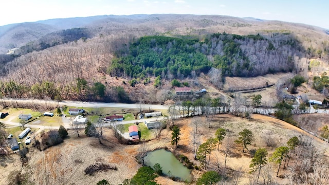 drone / aerial view featuring a forest view and a mountain view