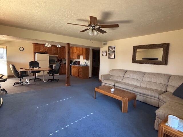 living area with a textured ceiling and ceiling fan