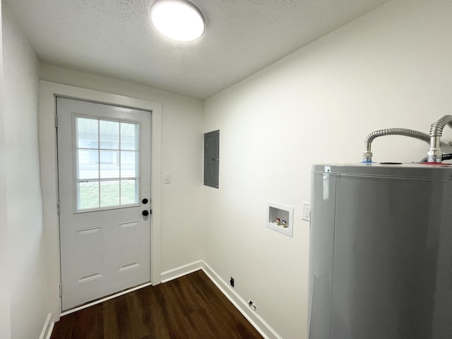 entryway featuring baseboards, electric panel, water heater, dark wood-style flooring, and a textured ceiling