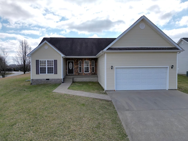 ranch-style house with concrete driveway, a front lawn, crawl space, and an attached garage