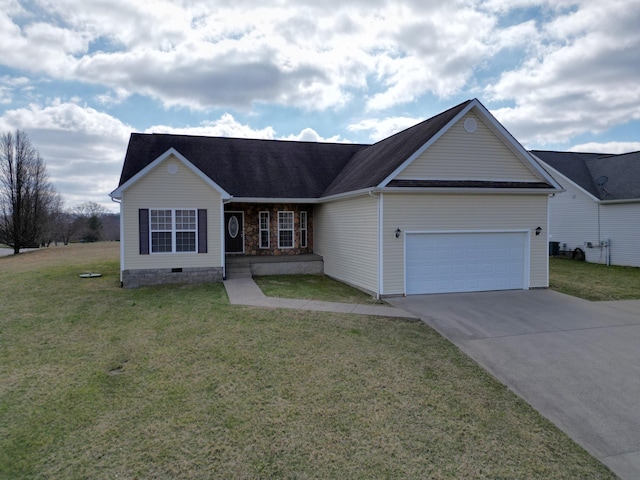 single story home with an attached garage, driveway, crawl space, and a front yard