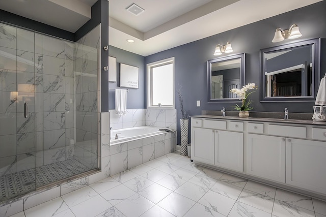 full bathroom with visible vents, marble finish floor, a stall shower, and a bath