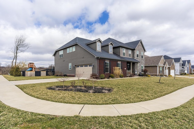 view of front of house with a garage, a front yard, brick siding, and driveway