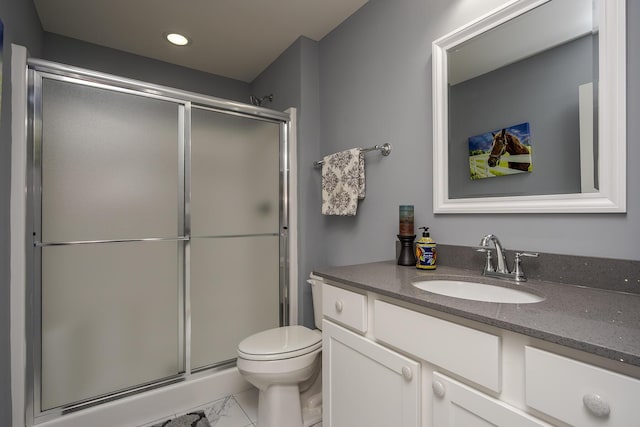 bathroom with a stall shower, toilet, marble finish floor, vanity, and recessed lighting