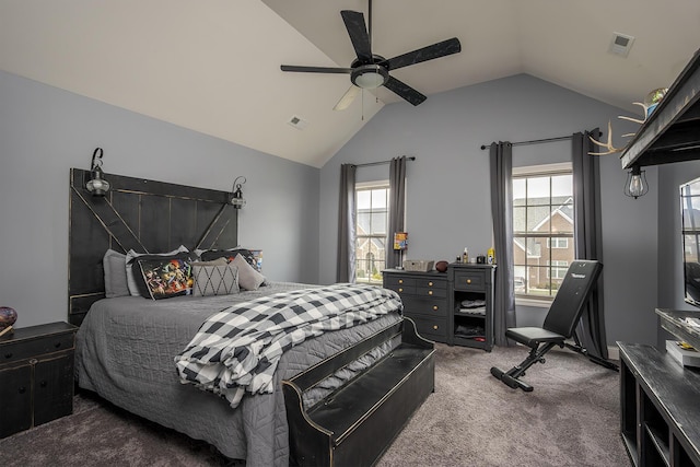 bedroom featuring lofted ceiling, visible vents, ceiling fan, and carpet flooring