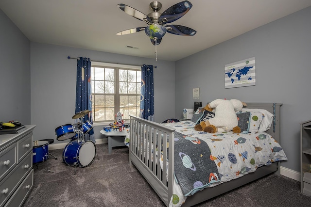 carpeted bedroom with ceiling fan, visible vents, and baseboards