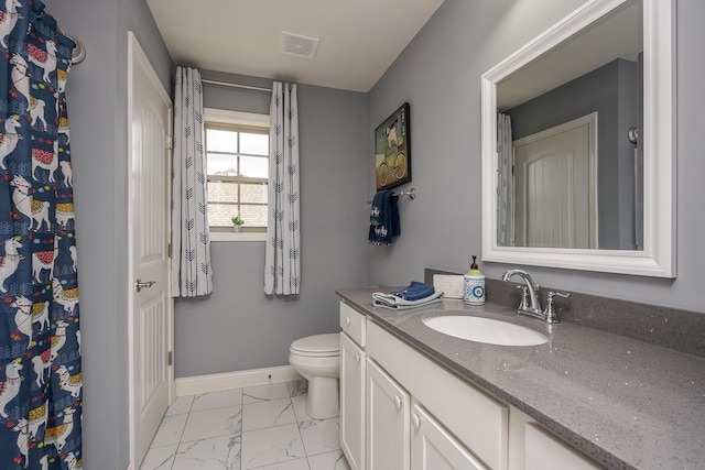 bathroom with marble finish floor, visible vents, toilet, vanity, and baseboards