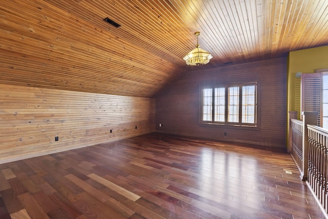 additional living space featuring lofted ceiling, wood ceiling, a chandelier, and wood finished floors