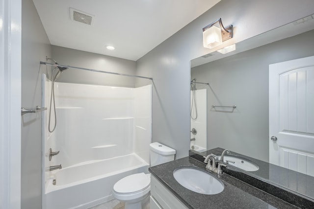 full bath featuring visible vents, toilet, bathtub / shower combination, and vanity