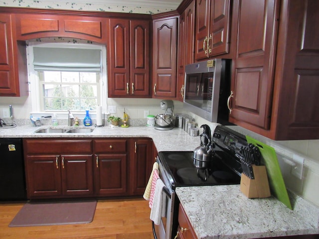 kitchen with light wood-style flooring, a sink, stainless steel microwave, electric range oven, and dishwasher