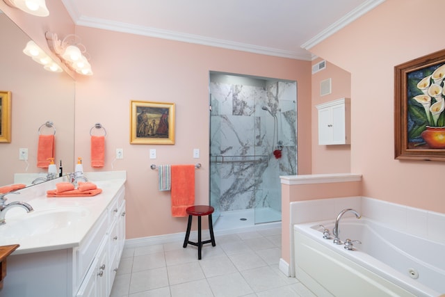 full bath featuring double vanity, a marble finish shower, visible vents, and crown molding