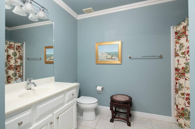 bathroom featuring toilet, visible vents, crown molding, and tile patterned floors