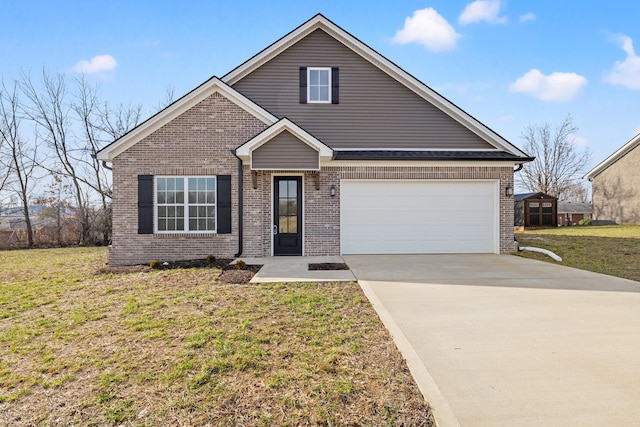 view of front of house with a garage, concrete driveway, brick siding, and a front lawn