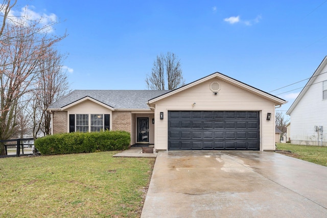 single story home featuring an attached garage, brick siding, concrete driveway, roof with shingles, and a front yard