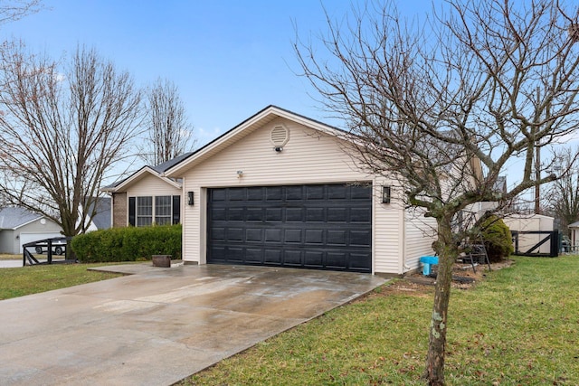 exterior space with driveway, brick siding, a garage, and a front yard