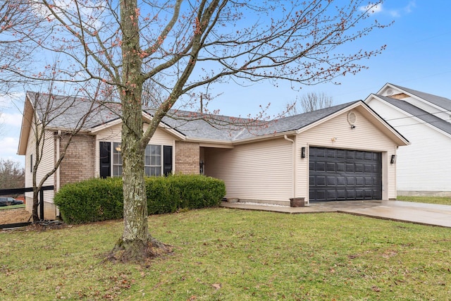 ranch-style house with driveway, a front lawn, an attached garage, and brick siding