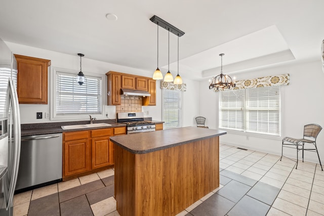 kitchen featuring dark countertops, under cabinet range hood, stainless steel appliances, a raised ceiling, and a sink