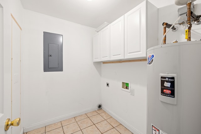 washroom featuring electric water heater, electric panel, light tile patterned flooring, cabinet space, and electric dryer hookup