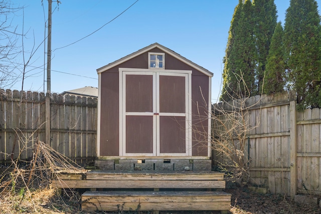 view of shed with a fenced backyard