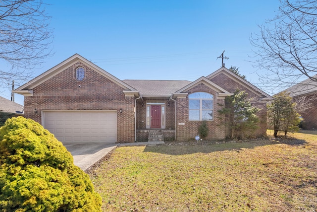 ranch-style home featuring driveway, a shingled roof, a front yard, an attached garage, and brick siding