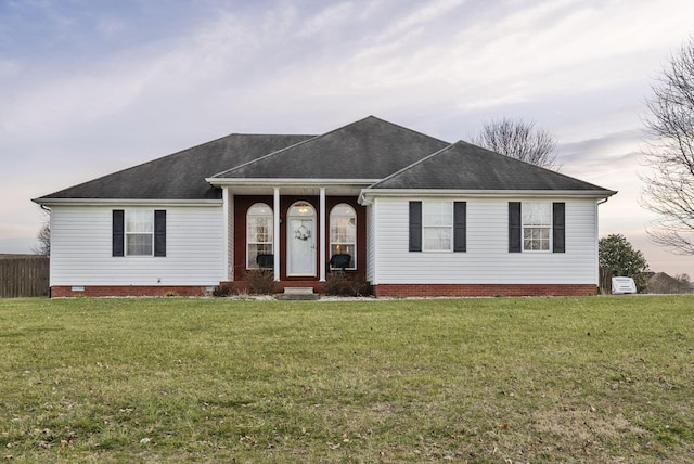 single story home featuring crawl space, a front lawn, and roof with shingles