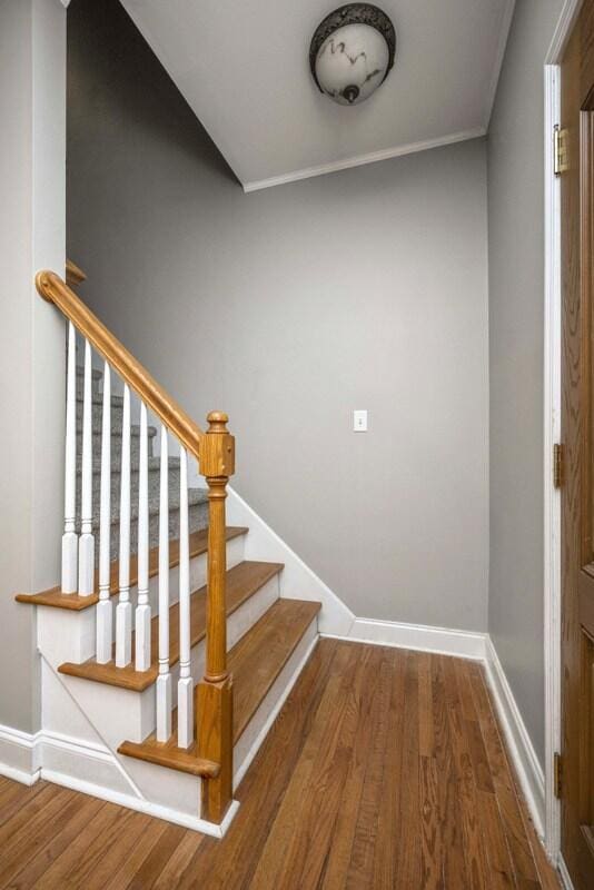 stairway with crown molding, baseboards, and wood finished floors