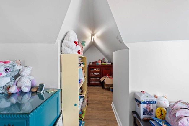 interior space featuring lofted ceiling, baseboards, and wood finished floors