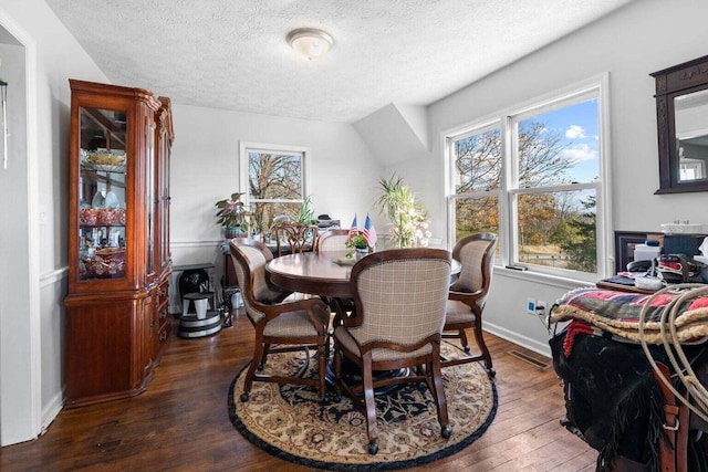 dining room with baseboards, a textured ceiling, visible vents, and dark wood-style flooring