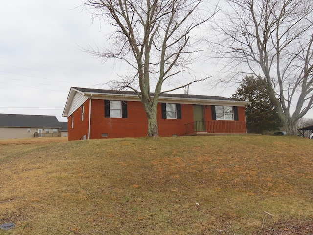 single story home featuring crawl space, brick siding, and a front lawn